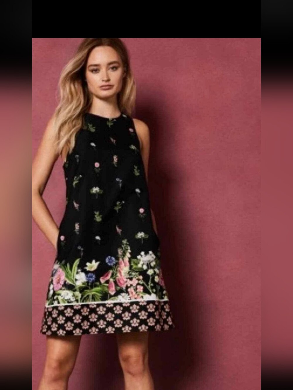 NWT Ted Baker  Size 3  (8,/10) Floral Border Shift Dress in Black